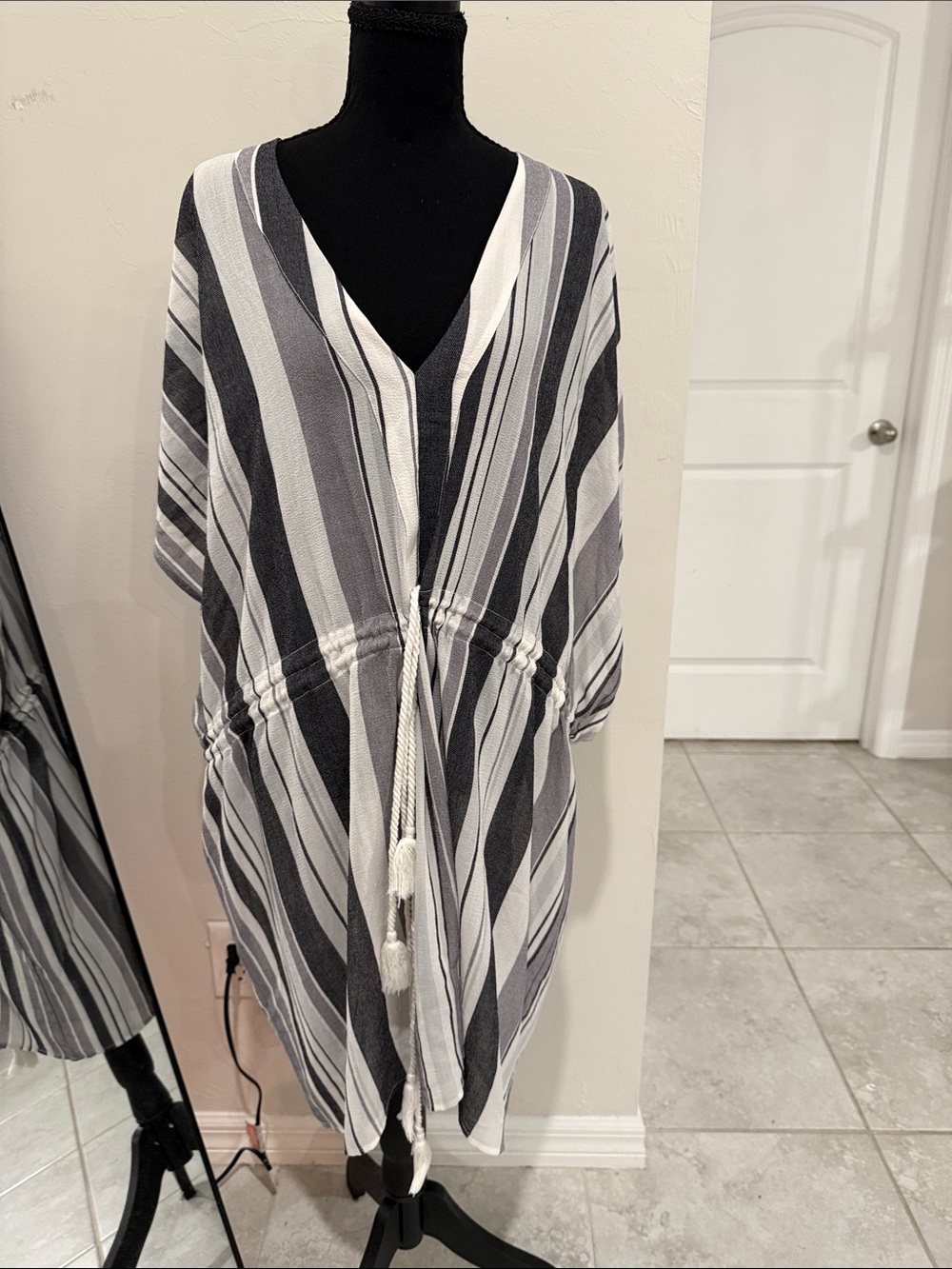 Swimsuits For All Black & White Striped V-Neck Drawstring Tunic